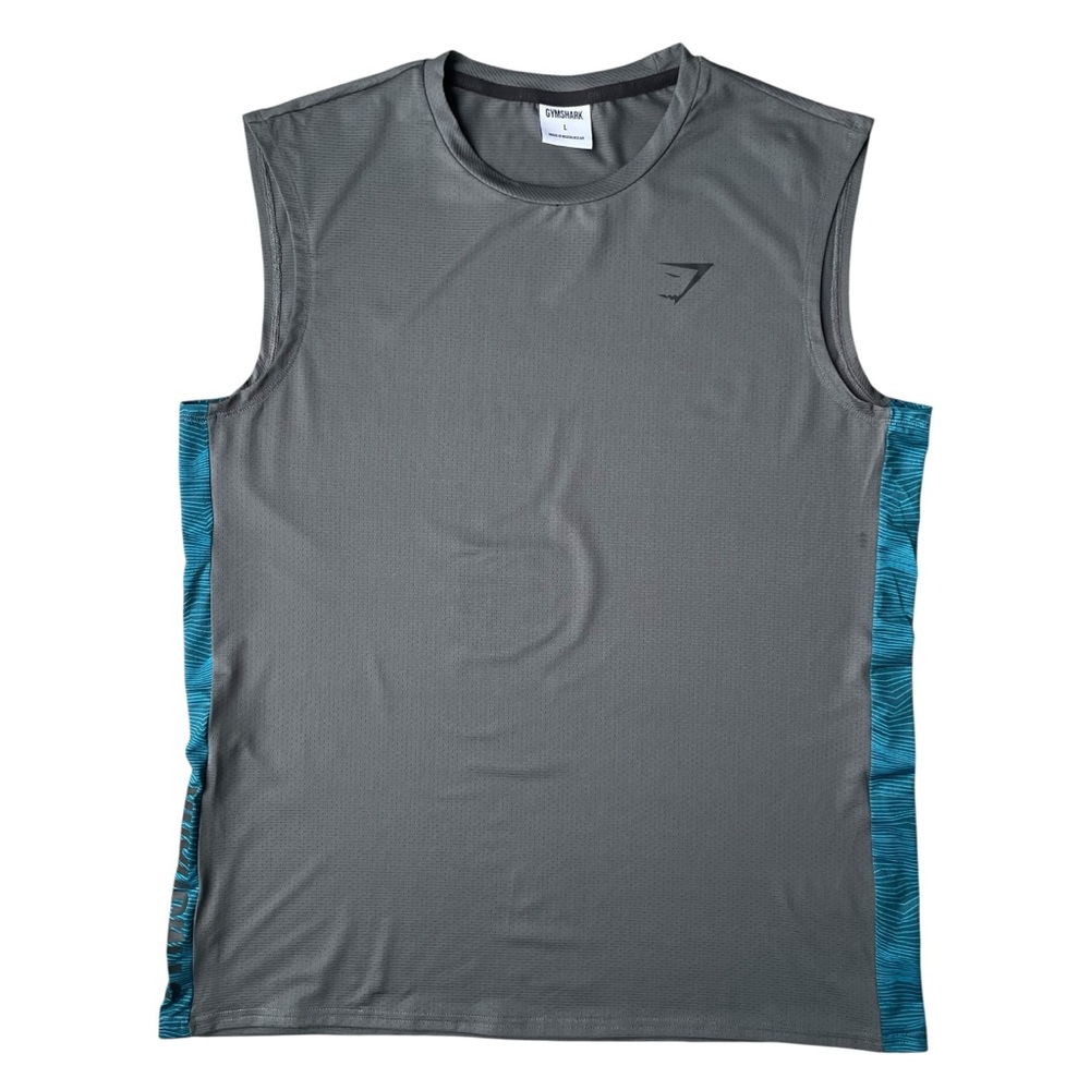 Gymshark Men’s Tank Top Size L Charcoal Grey Blue Sides